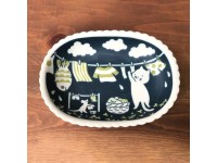 Japanese Mino Ware Large Oval Bowl - Cat And Laundry Day