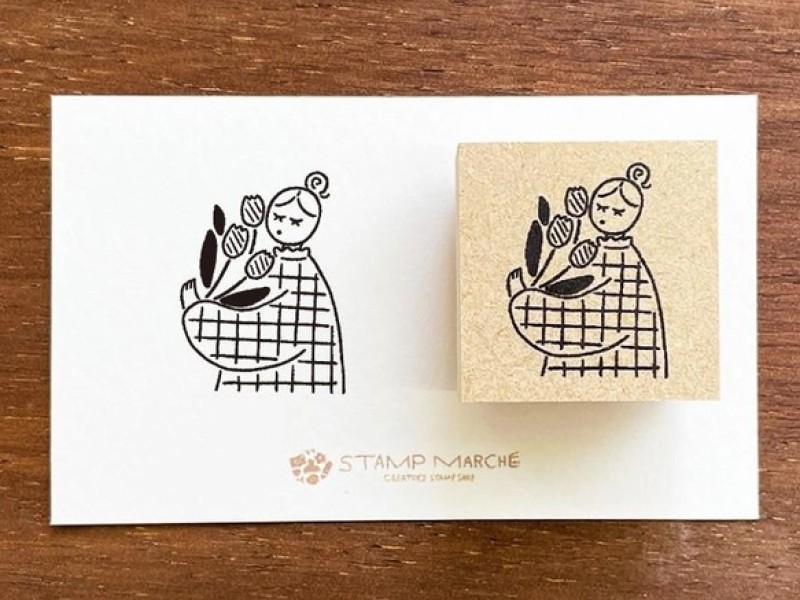 Pre-Order Stamp Marche Girl Rubber Stamp - Holding Flowers