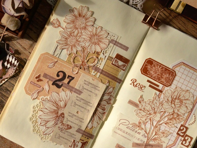 Xiaobaijia Washi Tape - Retro Love Brown Flowers