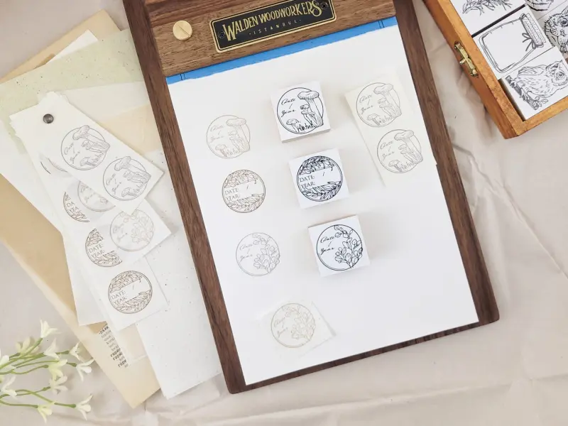 Ponchise Wooden Rubber Stamp Round Date Label - Laurel