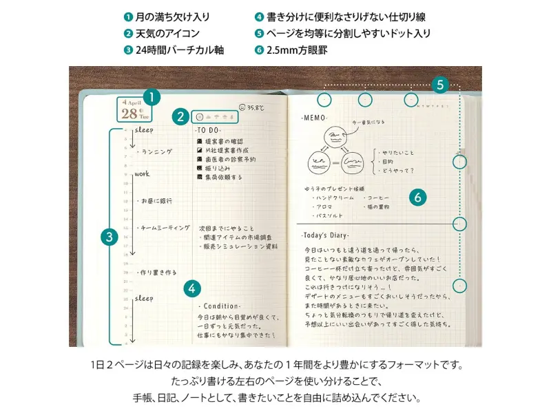 Pre-Order MIDORI HIBINO Diary 2026 A6 Two-Pages-Per-Day Planner - Blue Green