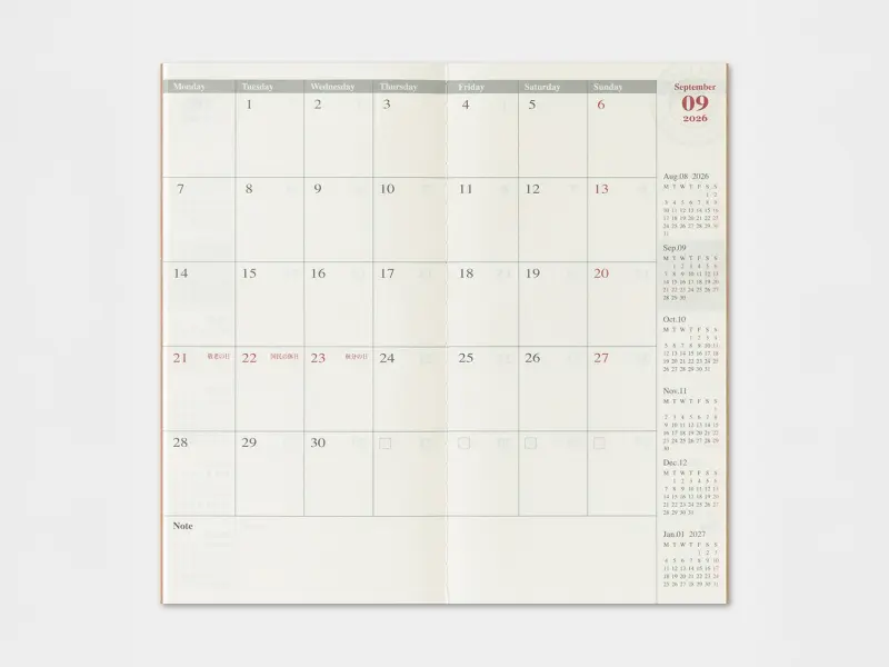2026 Monthly Diary Traveler's Notebook Refill (Regular Size)