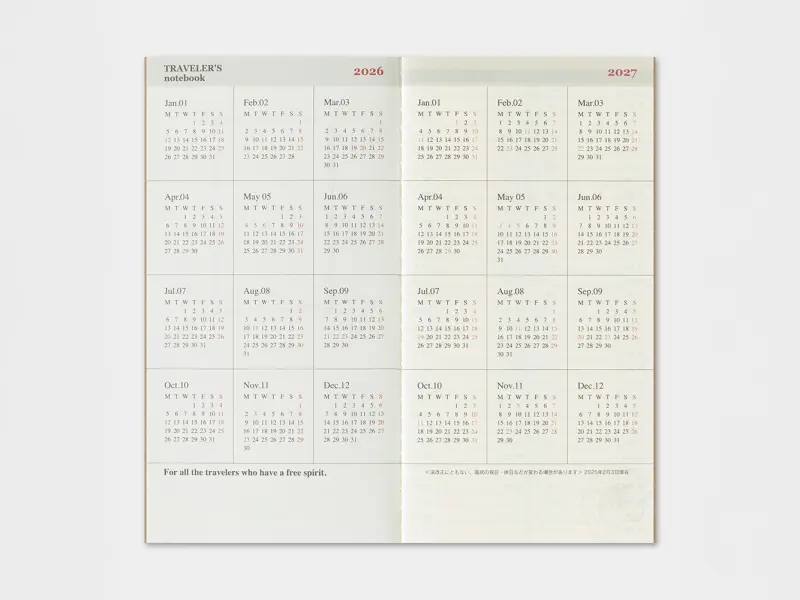 2026 Weekly Vertical Diary - Traveler's Notebook Refill Set (Regular Size)
