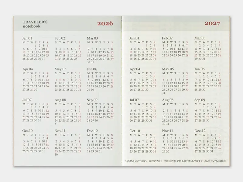 2026 Weekly Diary - Traveler's Notebook Refill Set (Passport Size)