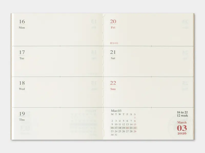 2026 Weekly Diary - Traveler's Notebook Refill Set (Passport Size)