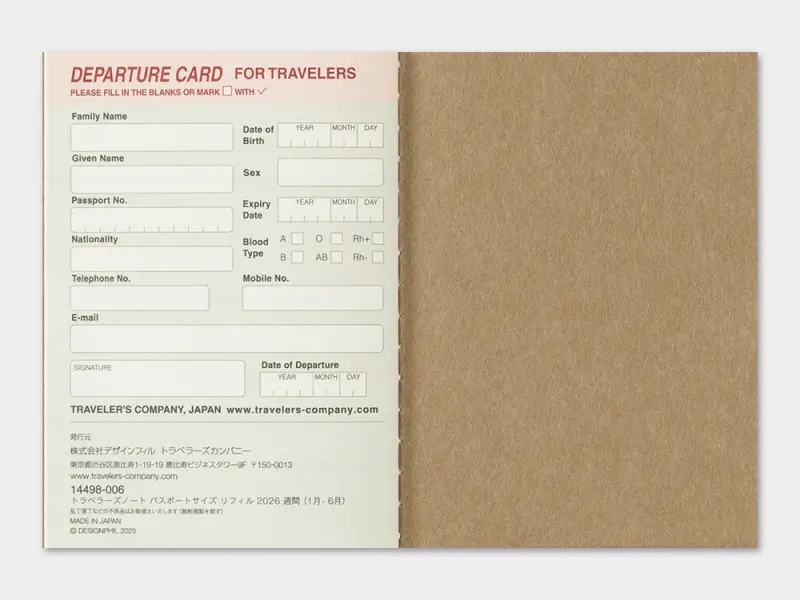 2026 Weekly Diary - Traveler's Notebook Refill Set (Passport Size)
