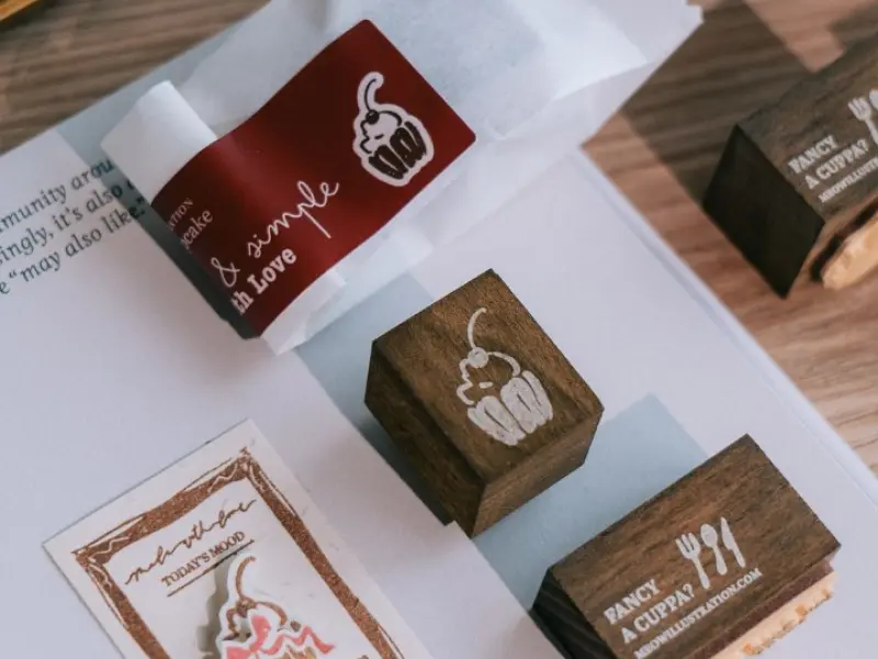 Pre-Order Meow Illustration Wooden Rubber Stamp - Cherry Cup Cake
