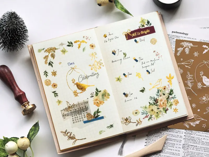 MU | Gold Foil Rub-On Transfer Stickers Winter Limited Edition - Bird On Branch