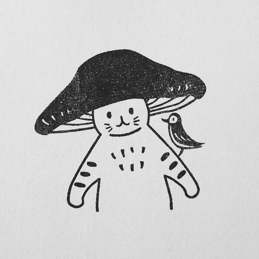 4Legs Rubber Stamp Mushroom Cat - Hello