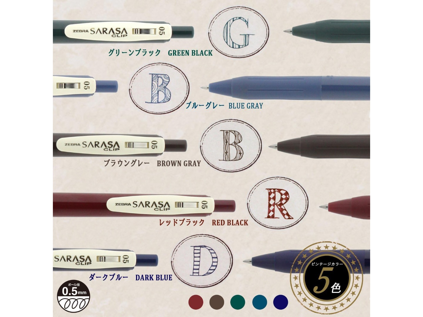 Sarasa Clip 0.5 Vintage Color 5 Color Set - No 1