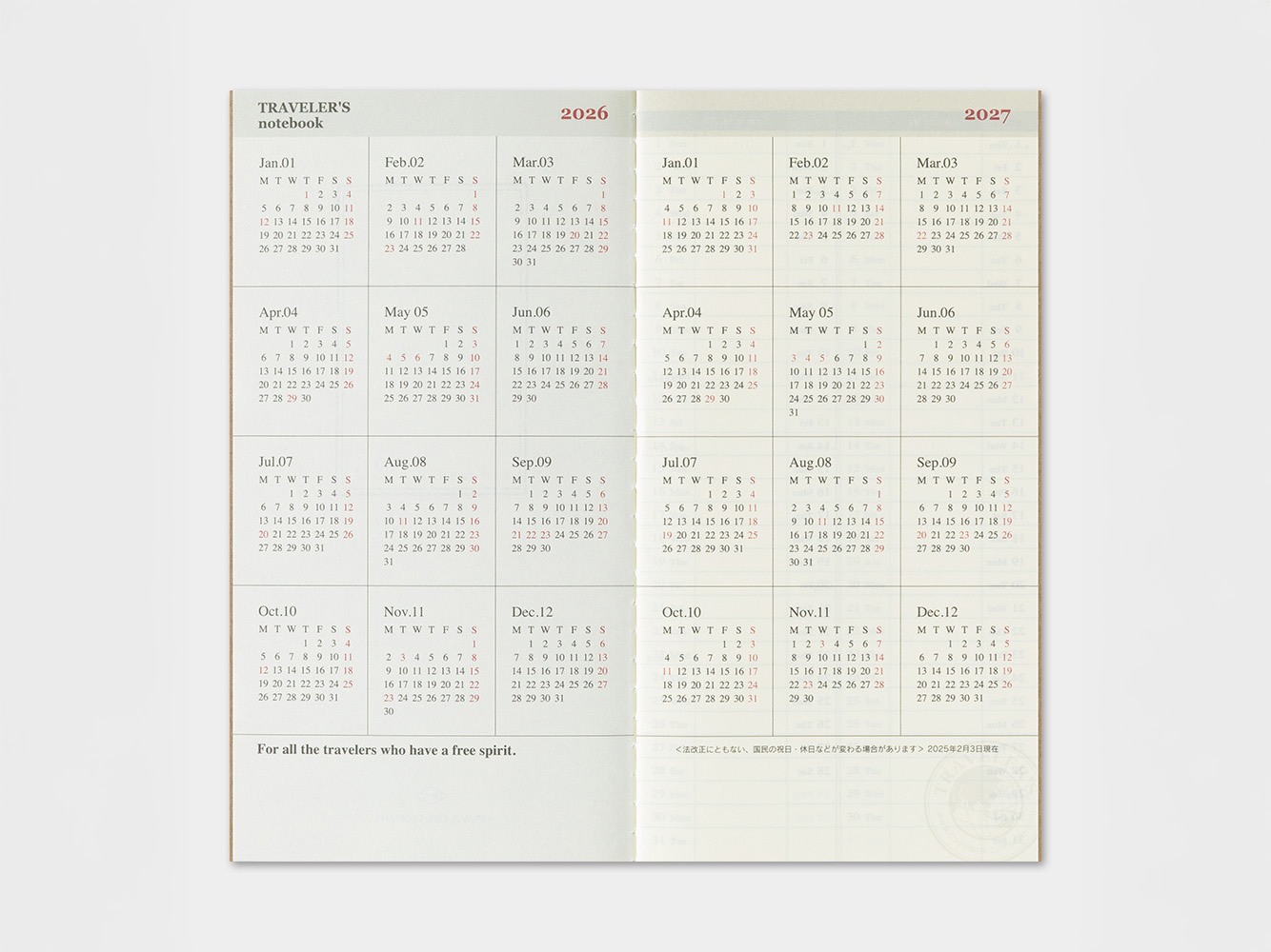 2026 Weekly + Memo Diary - Traveler's Notebook Refill Set (Regular Size)